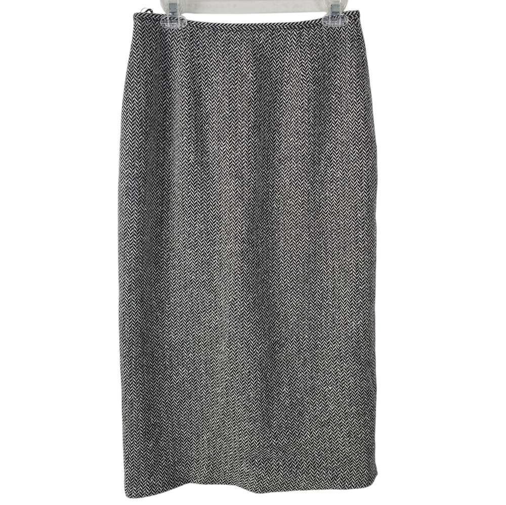 Talbots Petites Black/White Herringbone Midi Skirt 10 Wool/Cashmere/Silk Blend